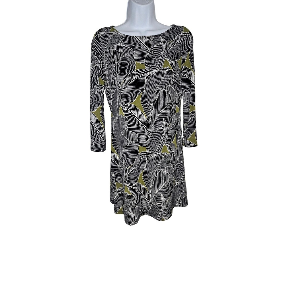 Grayson XS Dress Black White Green Leaf‎ Print 3/4 Sleeve Knit Casual